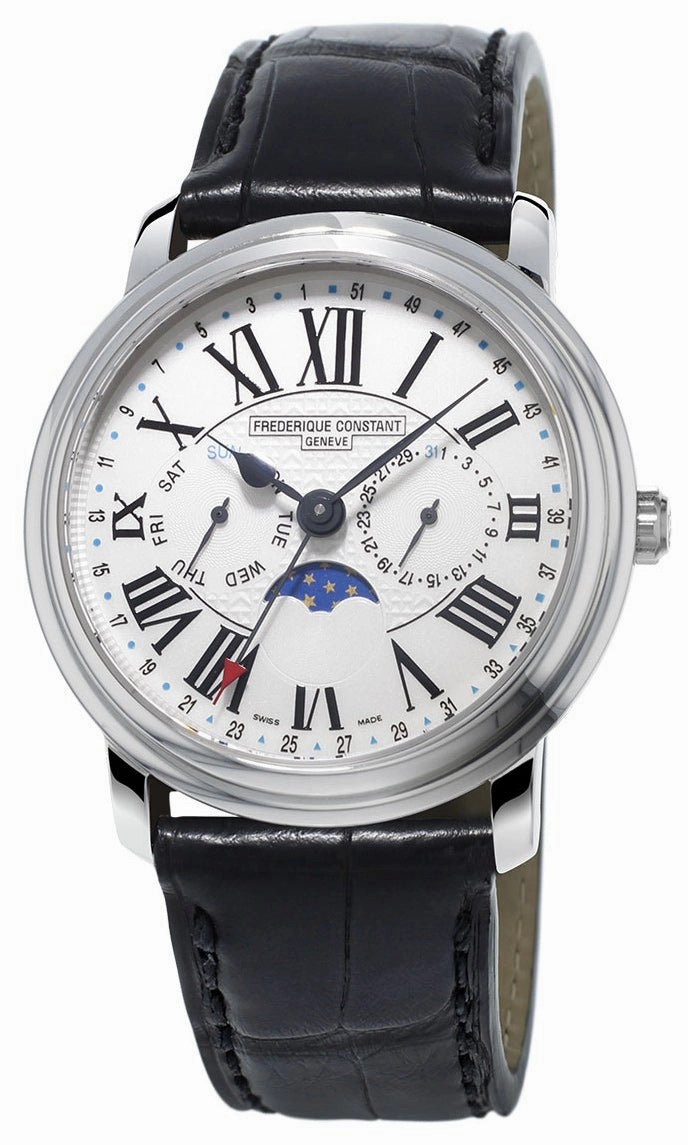 Frederique Constant Classics Business Timer Steel Black Leather Strap Mens Watch Moonphase Day/Date FC-270M4P6
