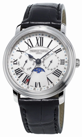 Frederique Constant Classics Business Timer Steel Black Leather Strap Mens Watch Moonphase Day/Date FC-270M4P6