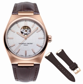 Frederique Constant Highlife Heart Beat Automatic Rose Gold Plated Stainless Steel Silver-Tone Dial Interchangeable Brown Rubber Strap Mens Watch FC-310V4NH4