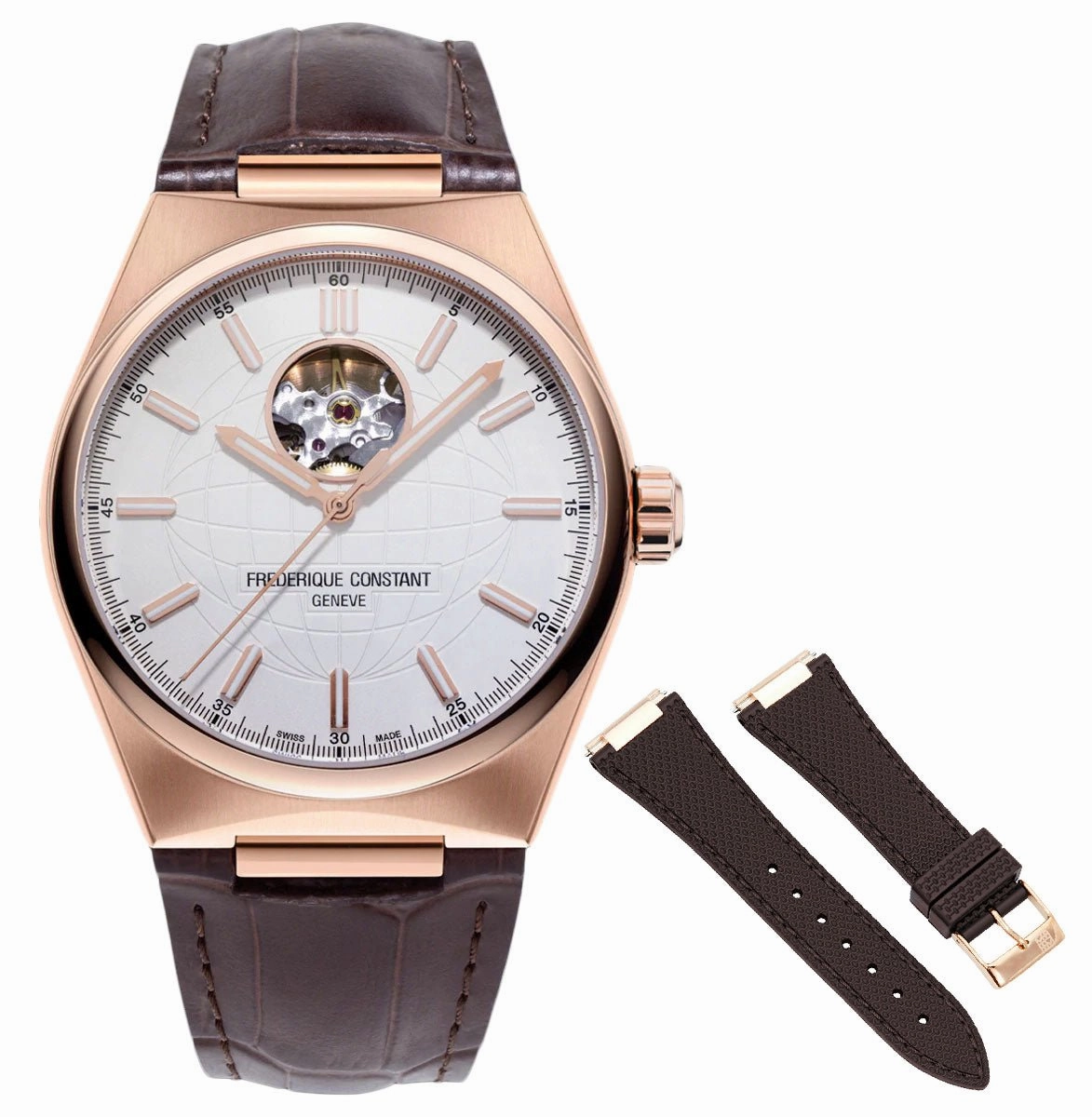 Frederique Constant Highlife Heart Beat Automatic Rose Gold Plated Stainless Steel Silver-Tone Dial Interchangeable Brown Rubber Strap Mens Watch FC-310V4NH4