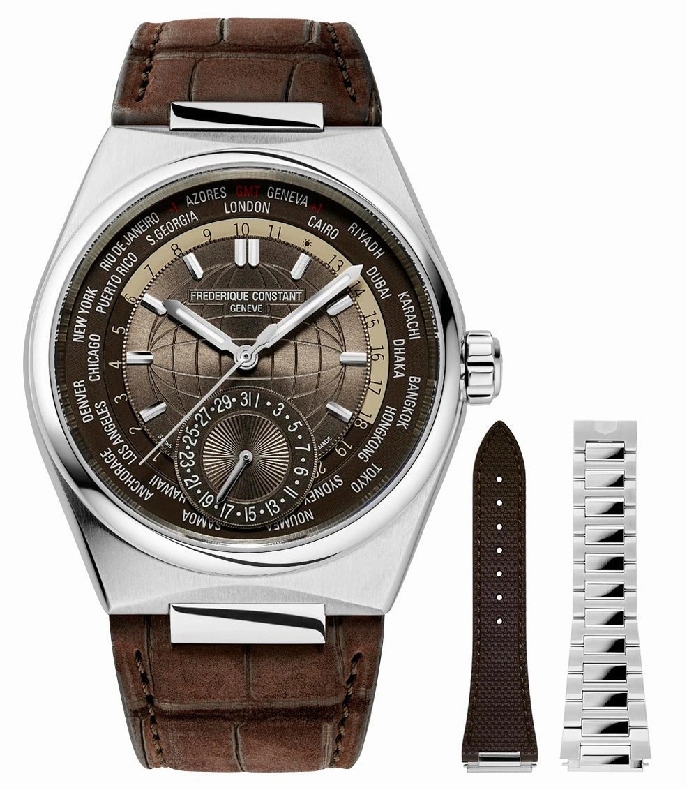 Frederique Constant Highlife Worldtimer Manufacture Automatic GMT Brown Dial Brown Leather Strap Interchangeable Brown Rubber/Steel Bracelet Date Mens Watch FC-718C4NH6