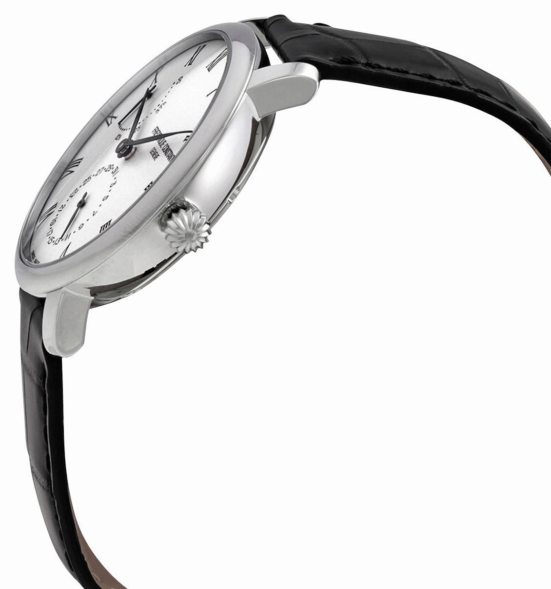 Frederique Constant Slimline Manufacture Power Reserve Automatic Stainless Steel Silver Dial Black Leather Strap Date Mens Watch FC-723WR3S6