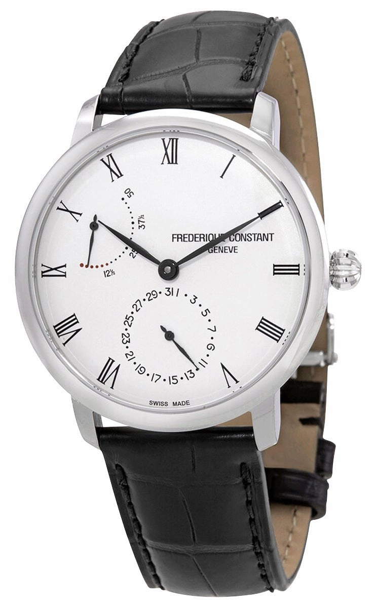 Frederique Constant Slimline Manufacture Power Reserve Automatic Stainless Steel Silver Dial Black Leather Strap Date Mens Watch FC-723WR3S6