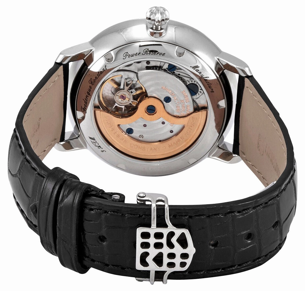 Frederique Constant Slimline Manufacture Power Reserve Automatic Stainless Steel Silver Dial Black Leather Strap Date Mens Watch FC-723WR3S6