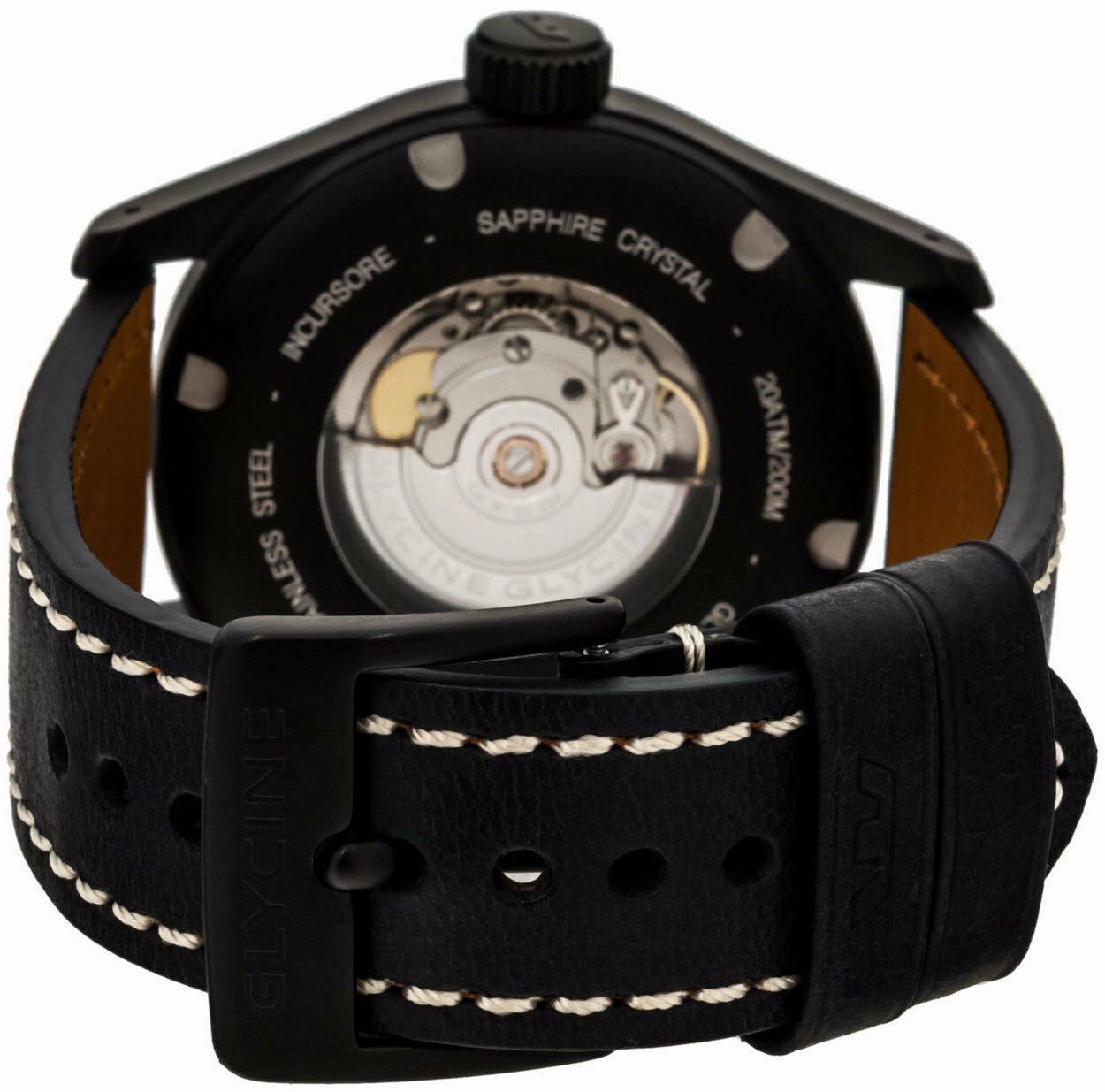 Glycine Incursore Automatic PVD Coated Stainless Steel Mens Strap Watch Black Dial Calendar 3874.999