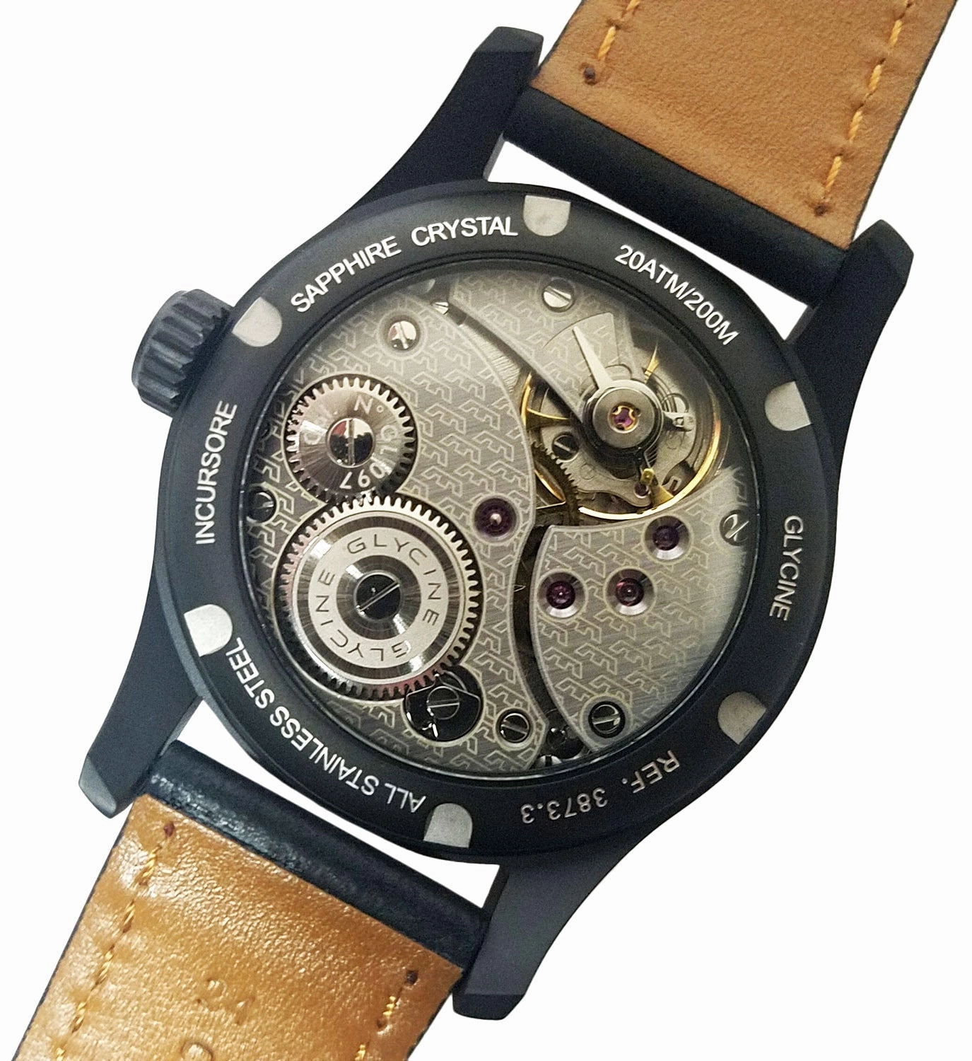 Glycine Incursore Manual Wind Black PVD Steel Mens Strap Swiss Watch 3873.91 LB9B