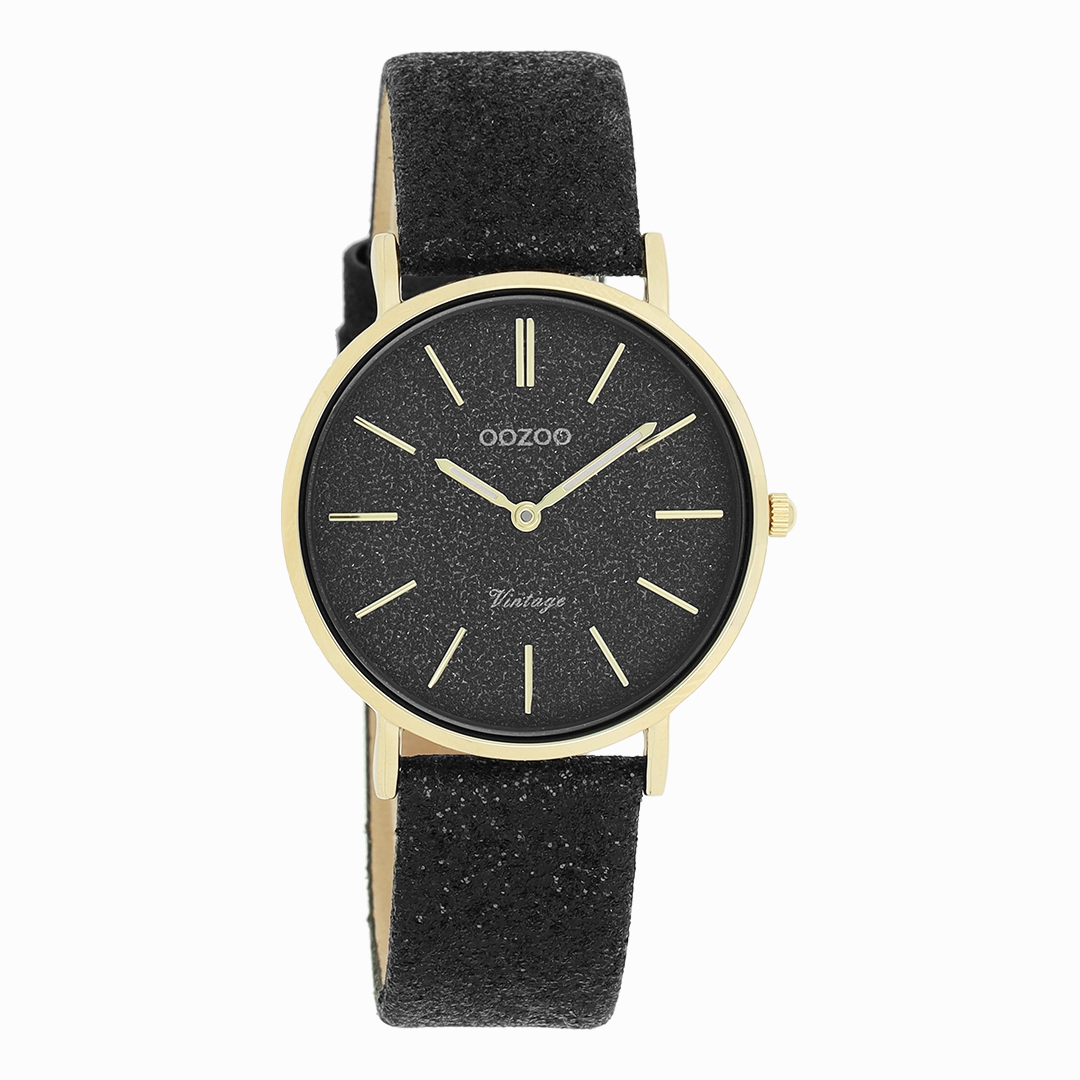 Gold coloured OOZOO watch with black leather strap - C20204