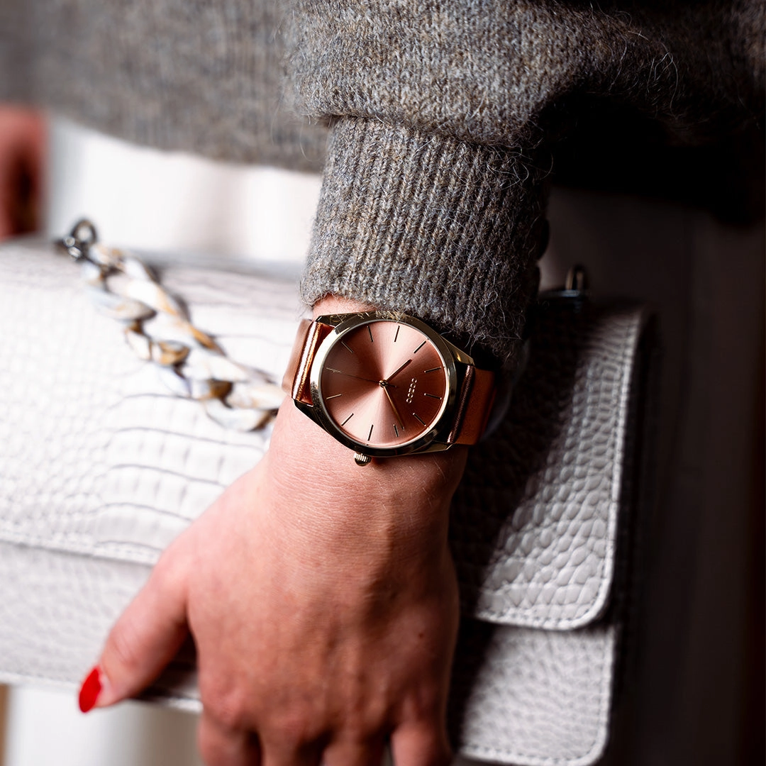Gold coloured OOZOO watch with brick red leather strap - C11334