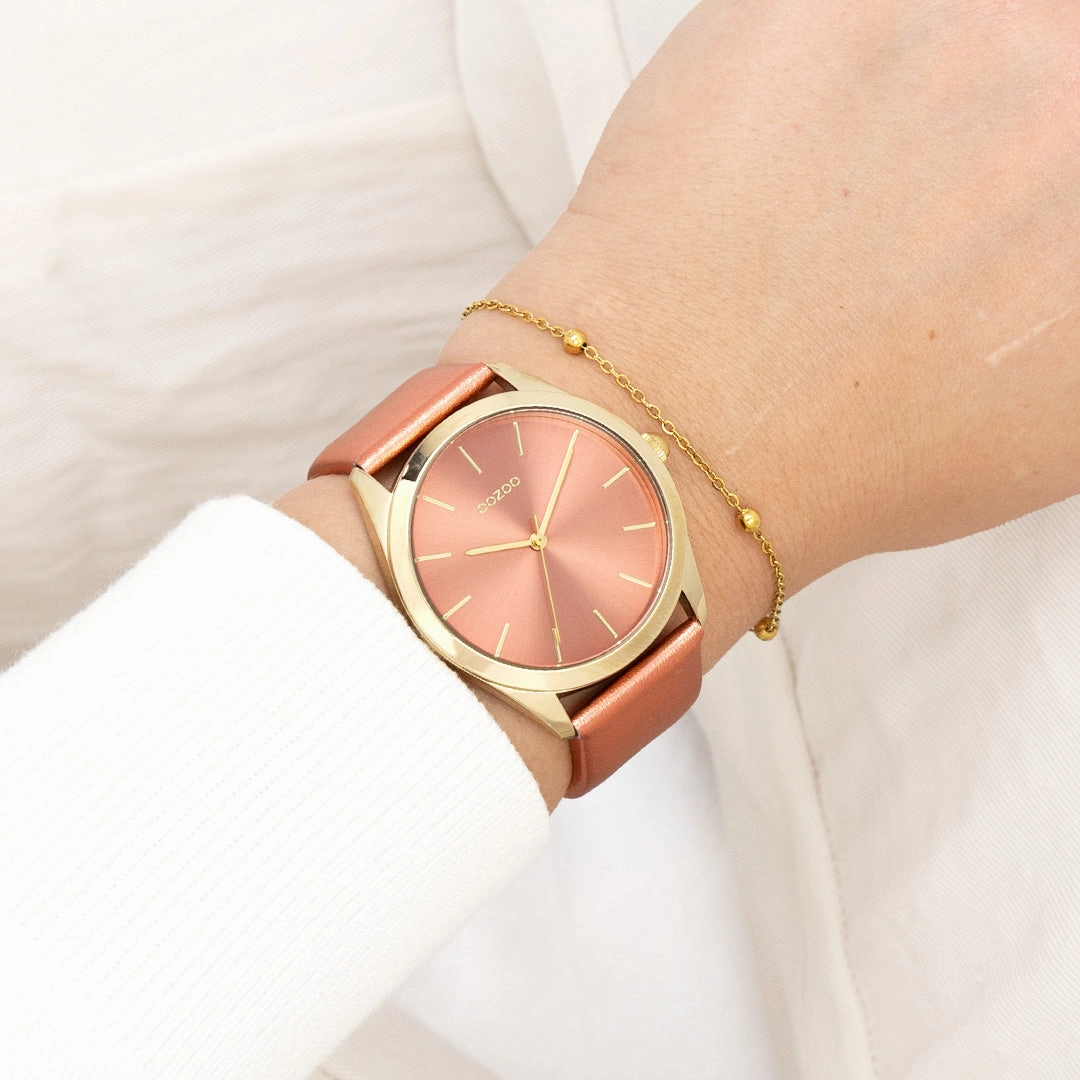 Gold coloured OOZOO watch with brick red leather strap - C11334