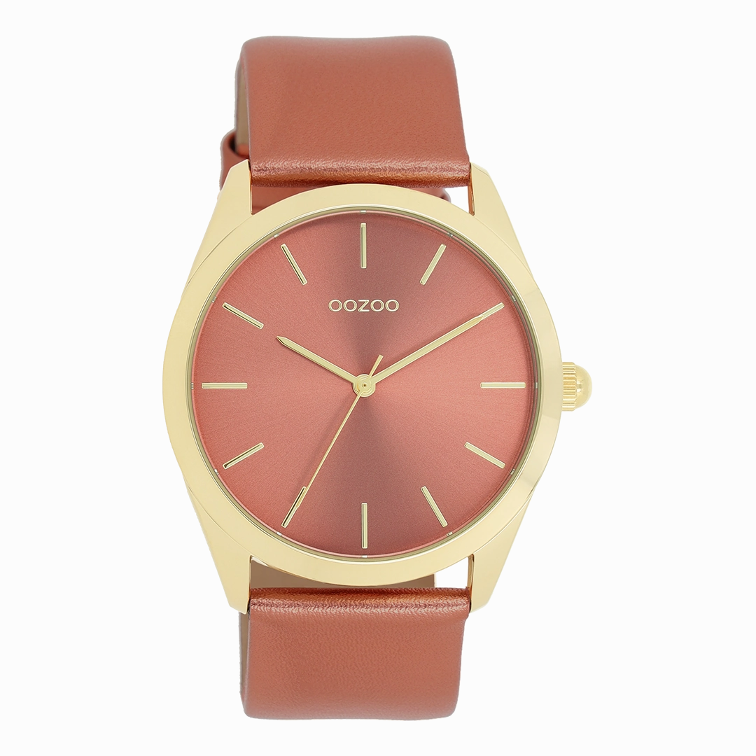 Gold coloured OOZOO watch with brick red leather strap - C11334