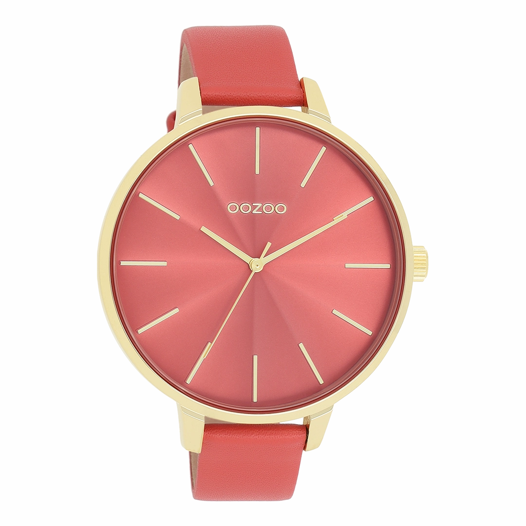 Gold coloured OOZOO watch with red leather strap - C11255
