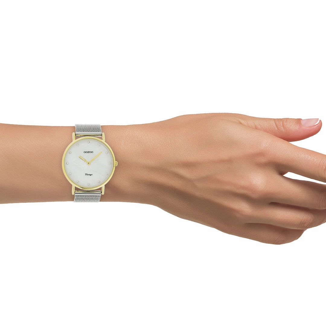 Gold coloured OOZOO watch with silver coloured metal mesh bracelet - C20115