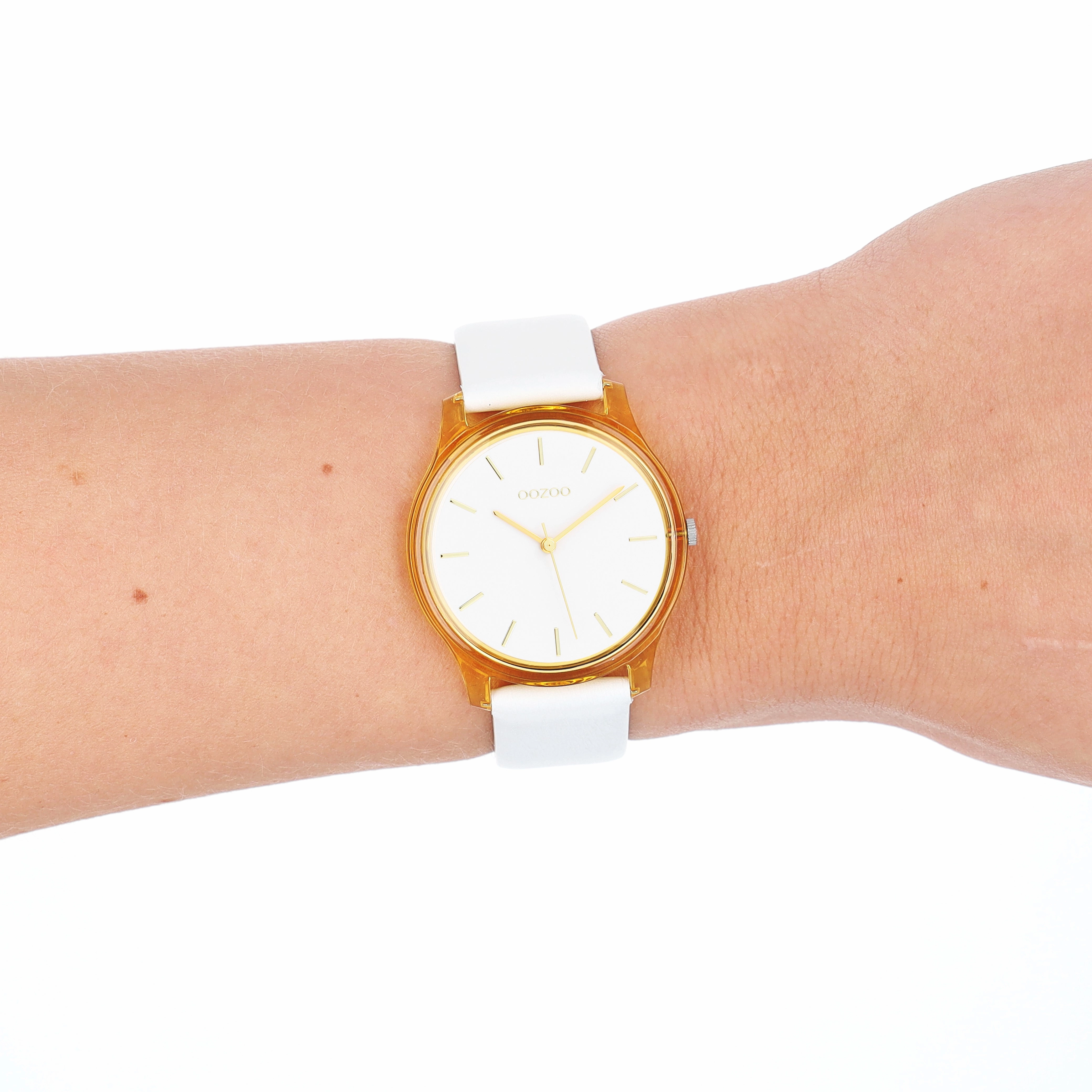 Gold coloured OOZOO watch with white leather strap - C11136