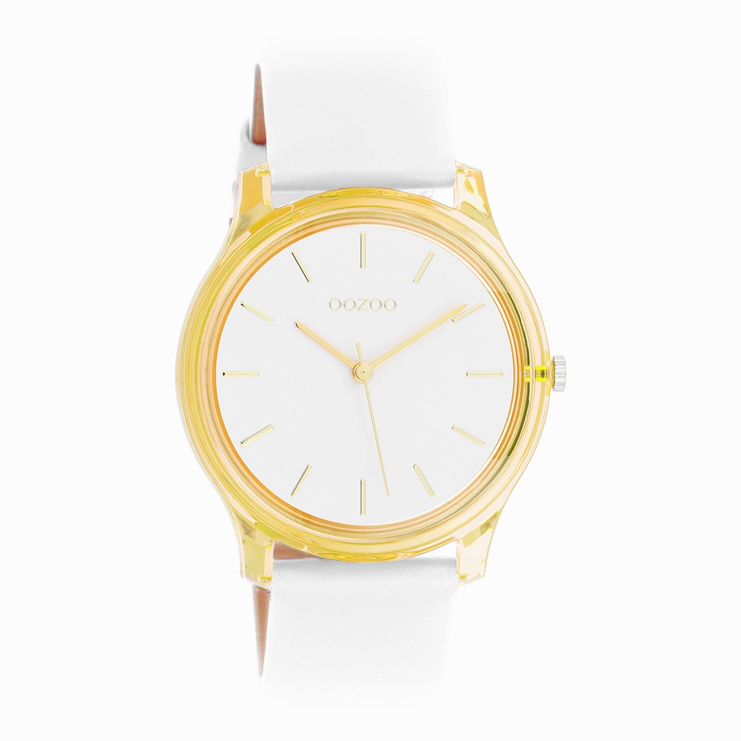 Gold coloured OOZOO watch with white leather strap - C11136