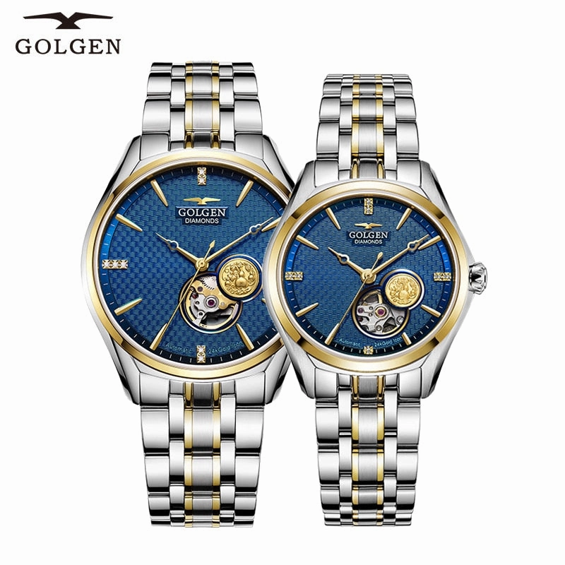 GOLGEN Couple Mechanical Watches Lovers Stainless Steel Simple Elegant  Men Women Skeleton Dial Wristwatch