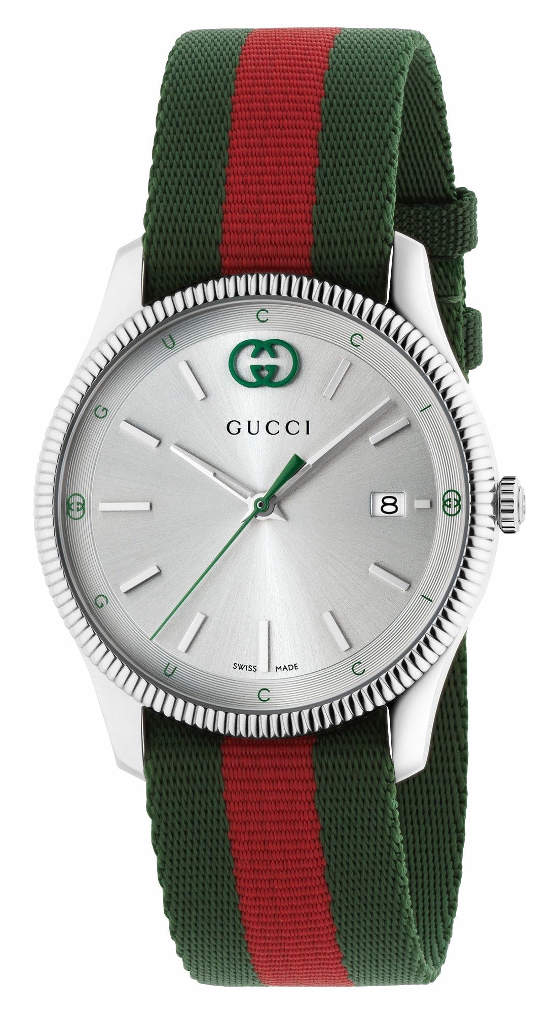 Gucci G-Timeless Stainless Steel Silver Dial Green/Red Nylon Strap Date Quartz Unisex Watch YA1264236