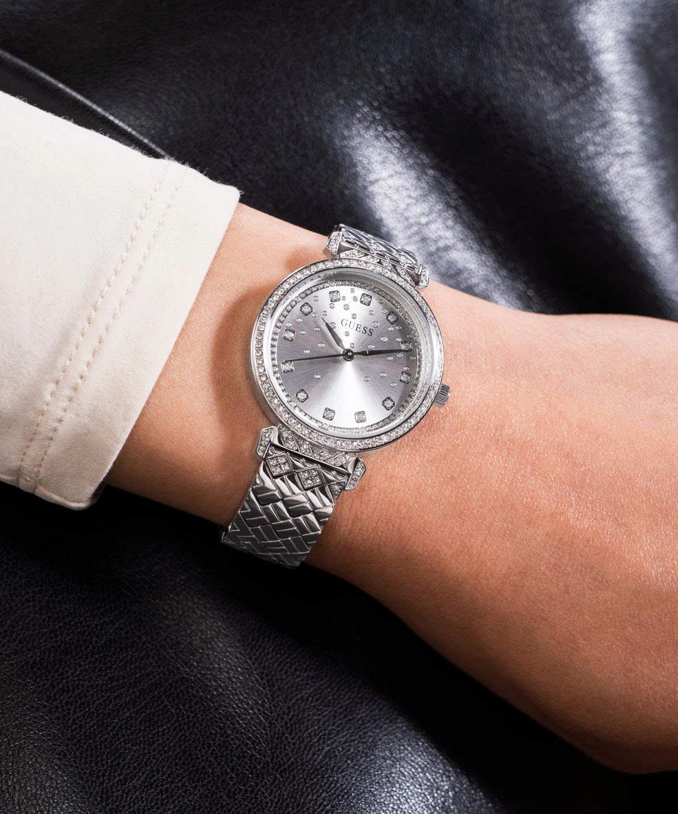 GUESS GLITZ DIAL SILVER QUILTED BRACELET WATCH GW0763L1
