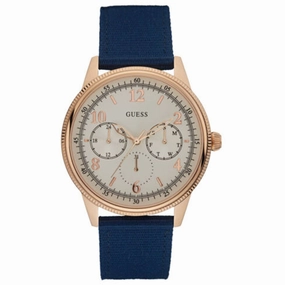 Guess Men's Watch - Aviator Quartz Day-Date White Dial Blue Fabric Strap | W0863G4