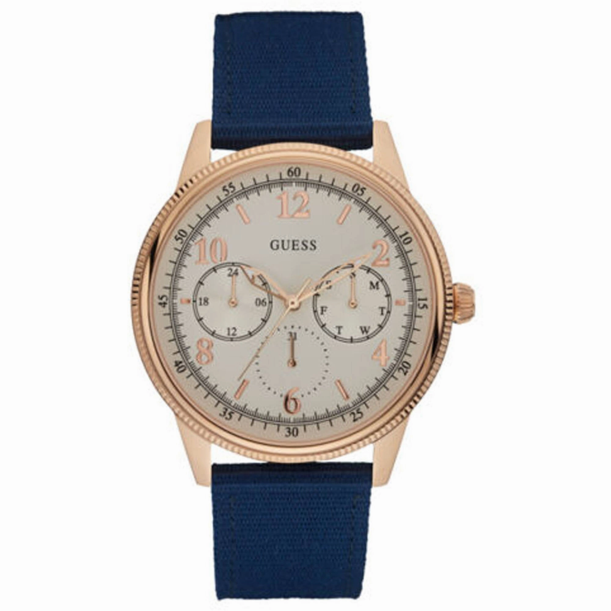 Guess Men's Watch - Aviator Quartz Day-Date White Dial Blue Fabric Strap | W0863G4