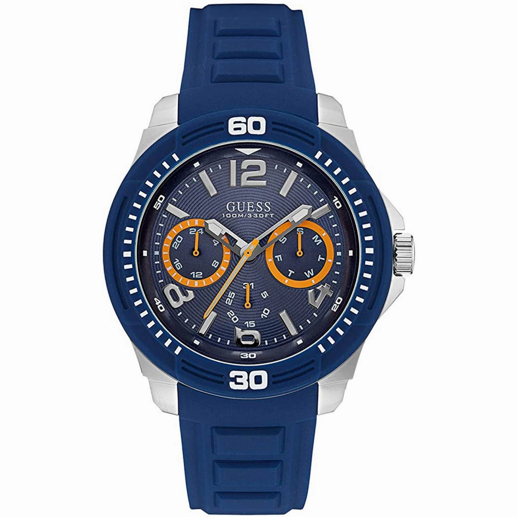 Guess Men's Watch - Classic Quartz Day-Date Display Blue Dial Rubber Strap | W0967G2