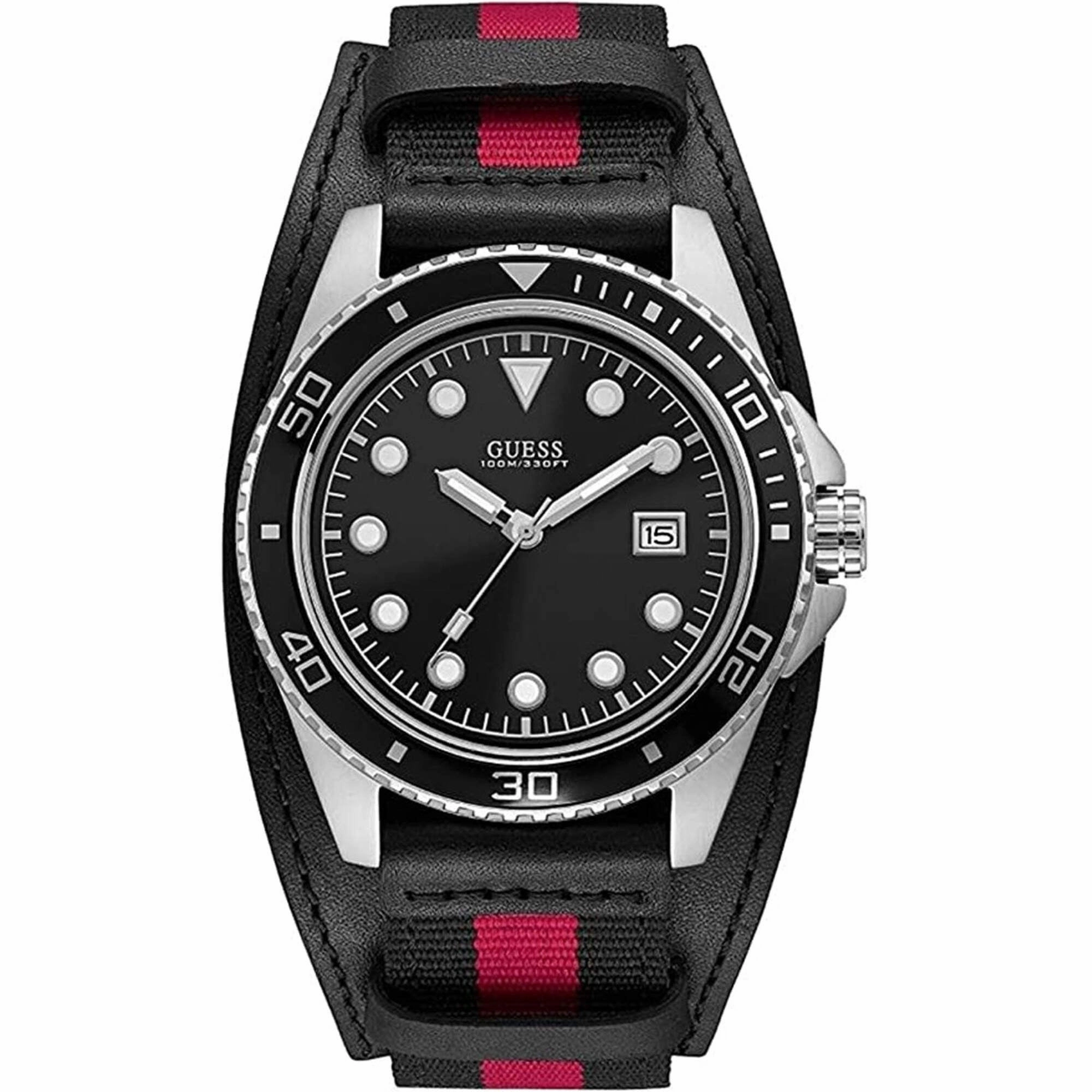 Guess Men's Watch - Classic Quartz Silver Tone Case Black Dial Fabric Strap | W1051G1