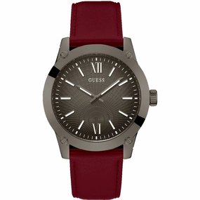 Guess Men's Watch - Quartz SS Case Gunmetal Dial Burgundy Leather Strap | GW0628G4