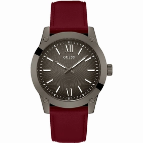Guess Men's Watch - Quartz SS Case Gunmetal Dial Burgundy Leather Strap | GW0628G4