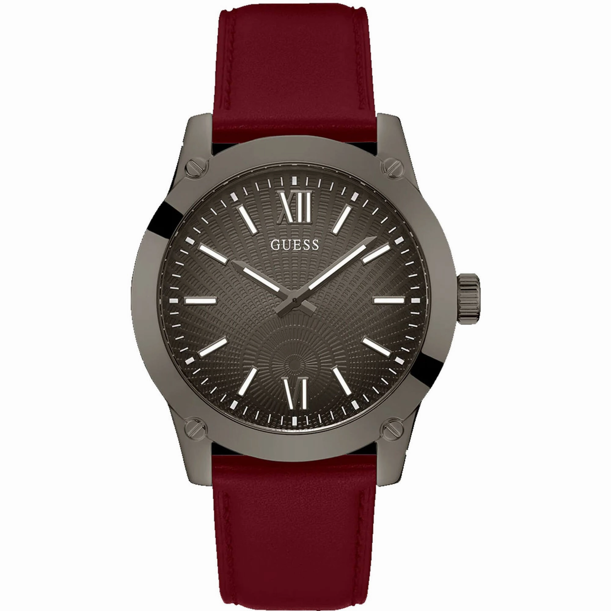 Guess Men's Watch - Quartz SS Case Gunmetal Dial Burgundy Leather Strap | GW0628G4