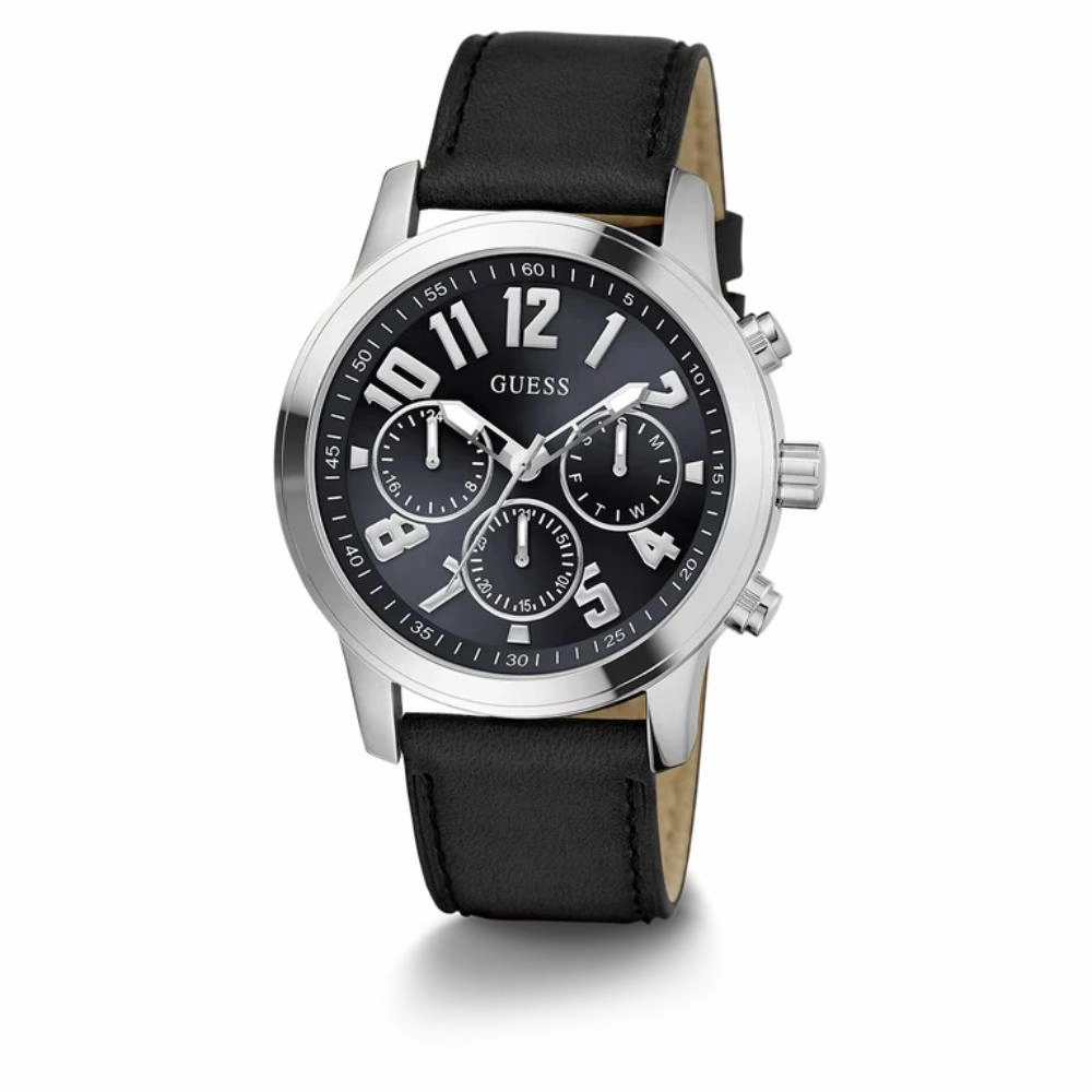 Guess Silver Tone Multi-function Black Leather Men's Watch GW0709G1