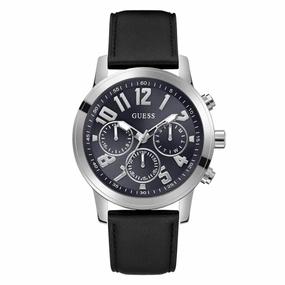 Guess Silver Tone Multi-function Black Leather Men's Watch GW0709G1