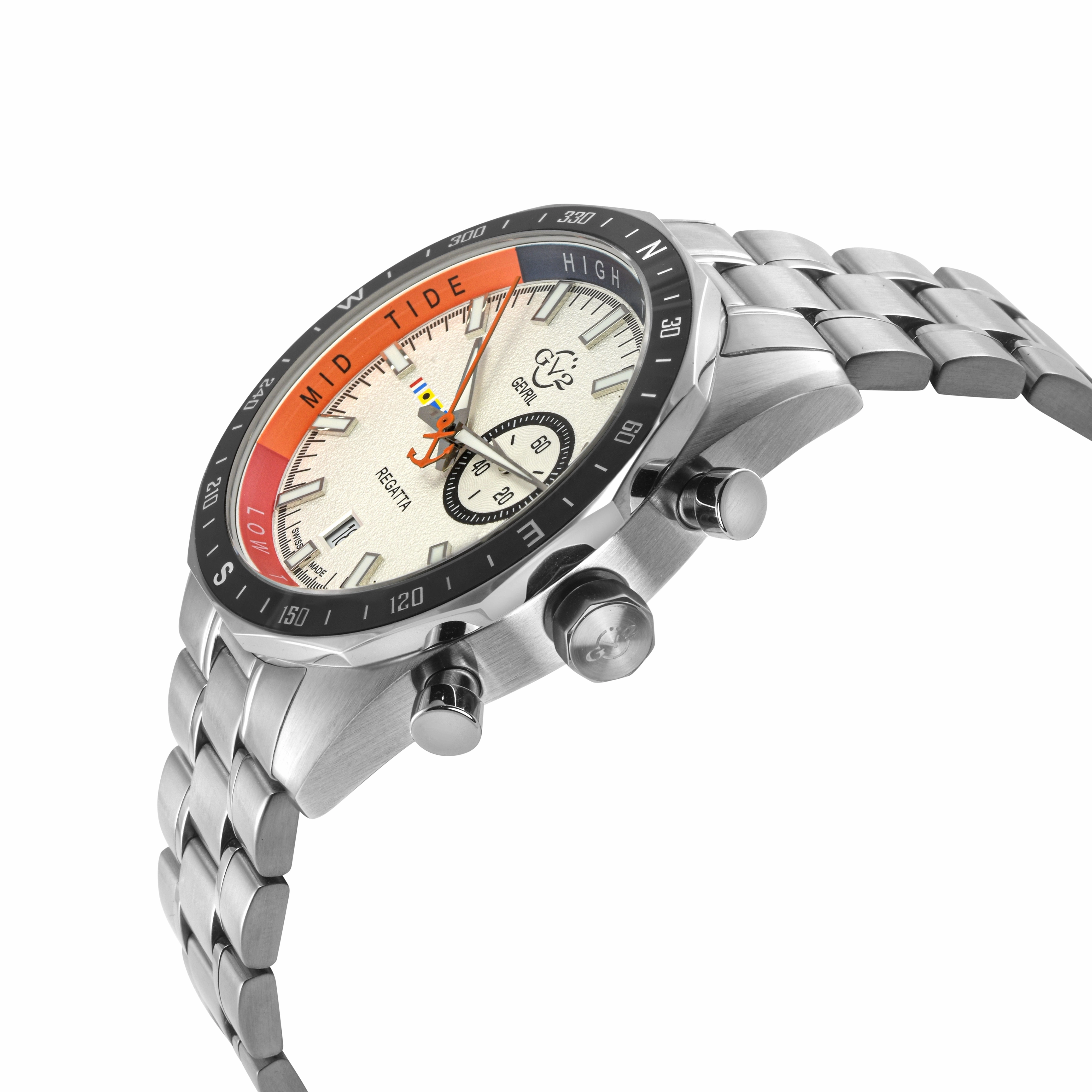 GV2 Men's Regatta 316L SS Case, Ceramic Black Top Ring, Silver Dial, Gray Counter, 316L Stainless Steel Bracelet Watch.