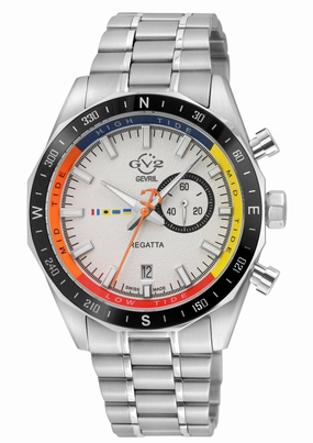 GV2 Men's Regatta 316L SS Case, Ceramic Black Top Ring, Silver Dial, Gray Counter, 316L Stainless Steel Bracelet Watch.