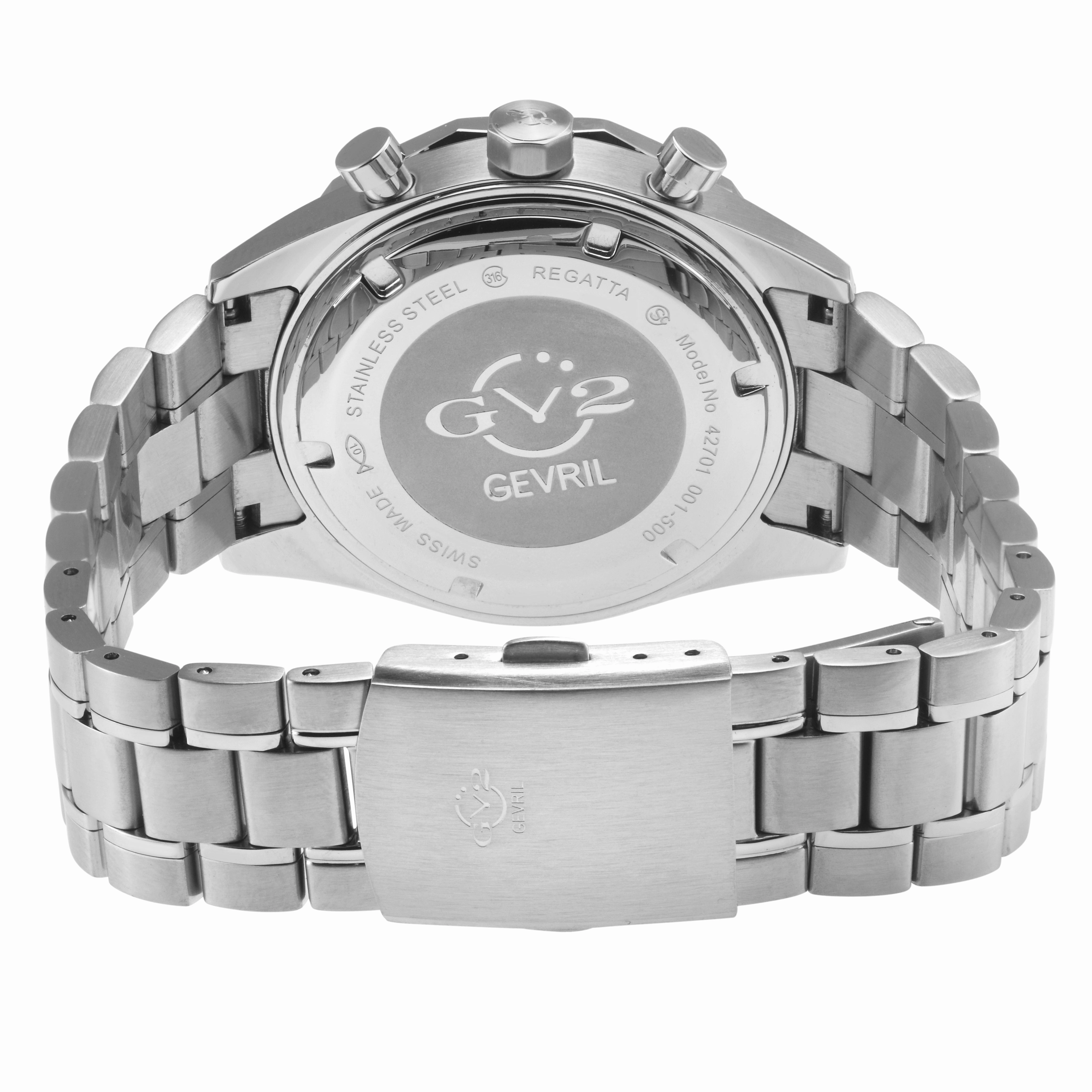 GV2 Men's Regatta 316L SS Case, Ceramic Black Top Ring, Silver Dial, Gray Counter, 316L Stainless Steel Bracelet Watch.