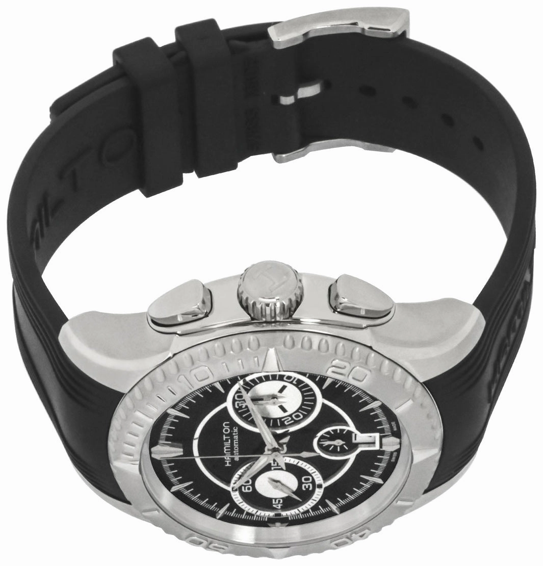Hamilton Jazzmaster Seaview Stainless Steel Automatic Chronograph Date Black Rubber Strap Mens Watch H37616331