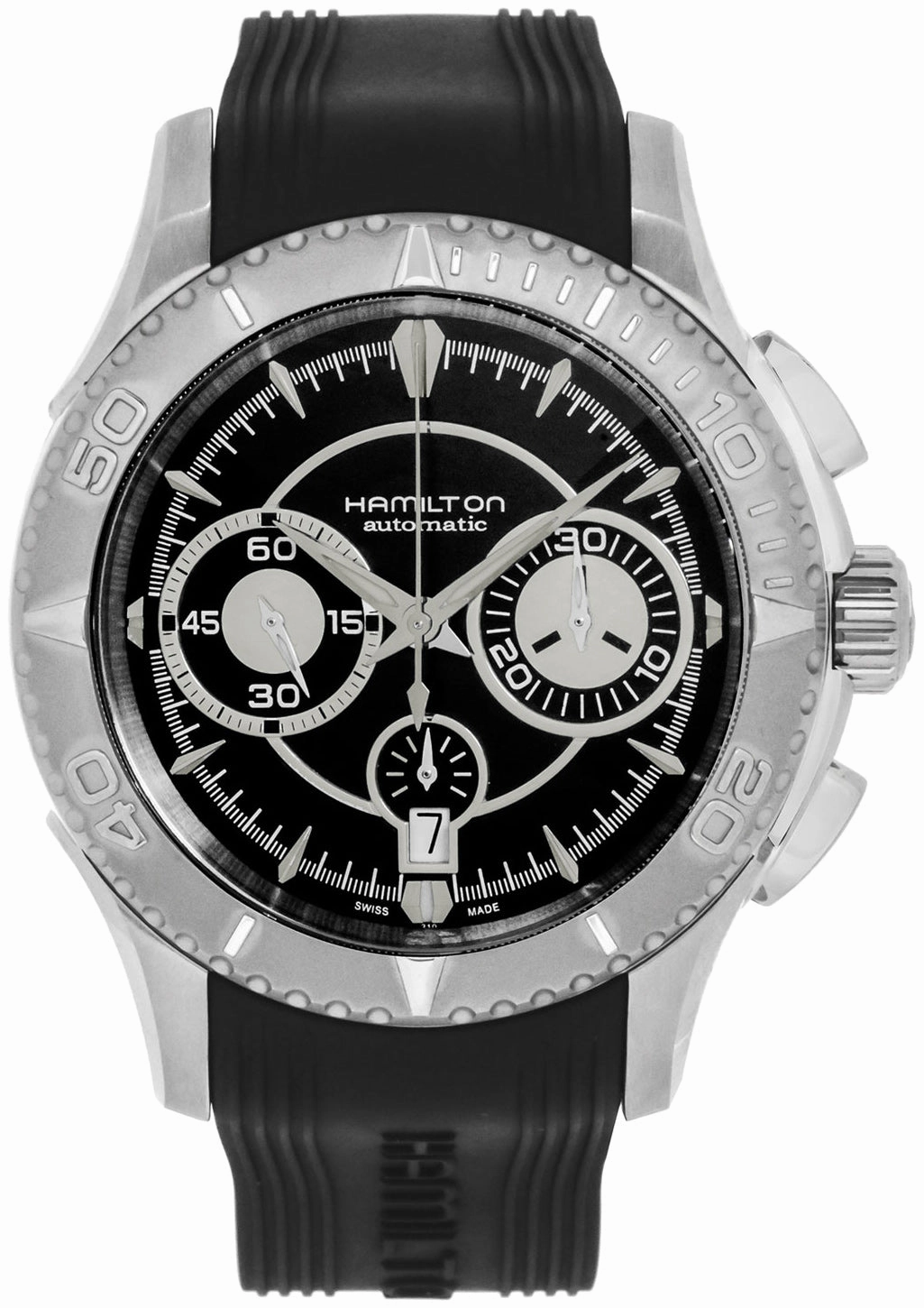 Hamilton Jazzmaster Seaview Stainless Steel Automatic Chronograph Date Black Rubber Strap Mens Watch H37616331