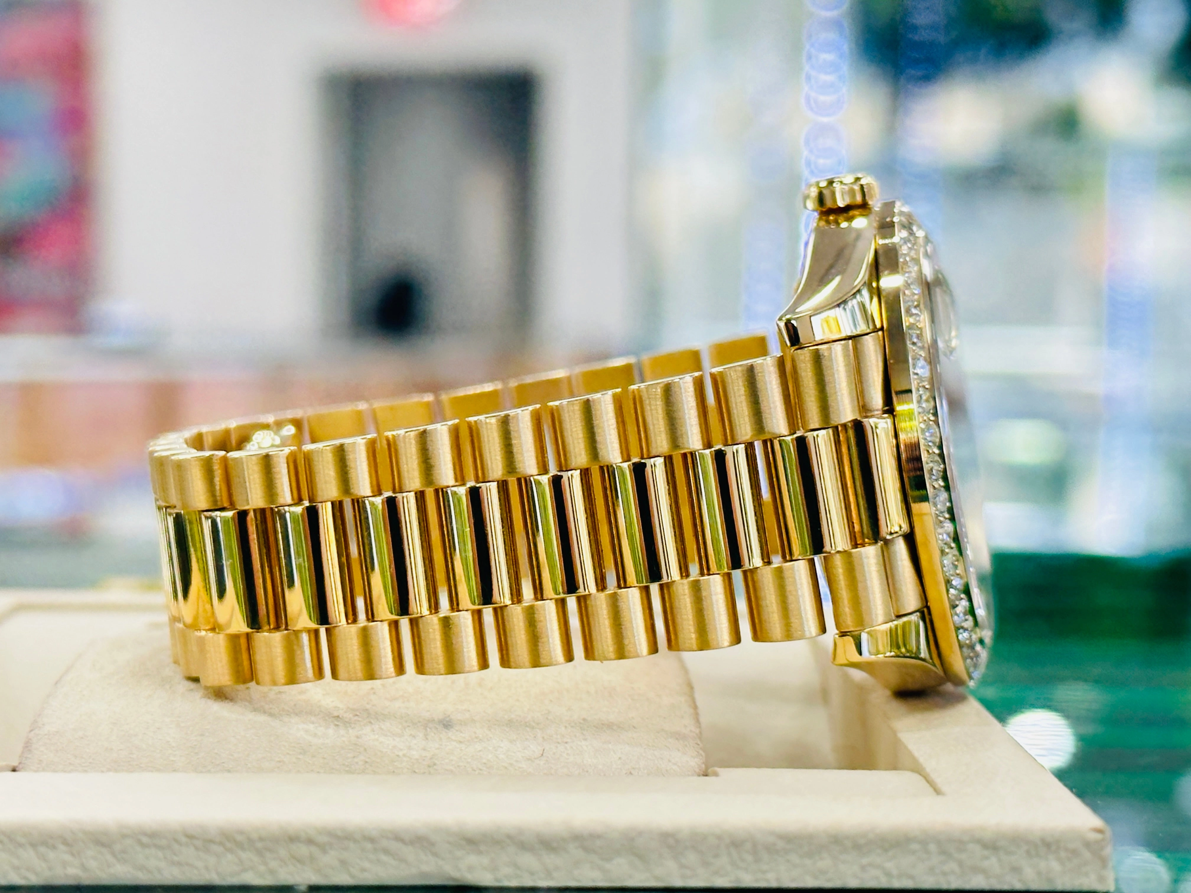 Have one to sell? Sell now Rolex Day-Date President 18k Yellow Gold 228238 Custom 3.50ct Diamond Bezel BOX/PAPERS MINT