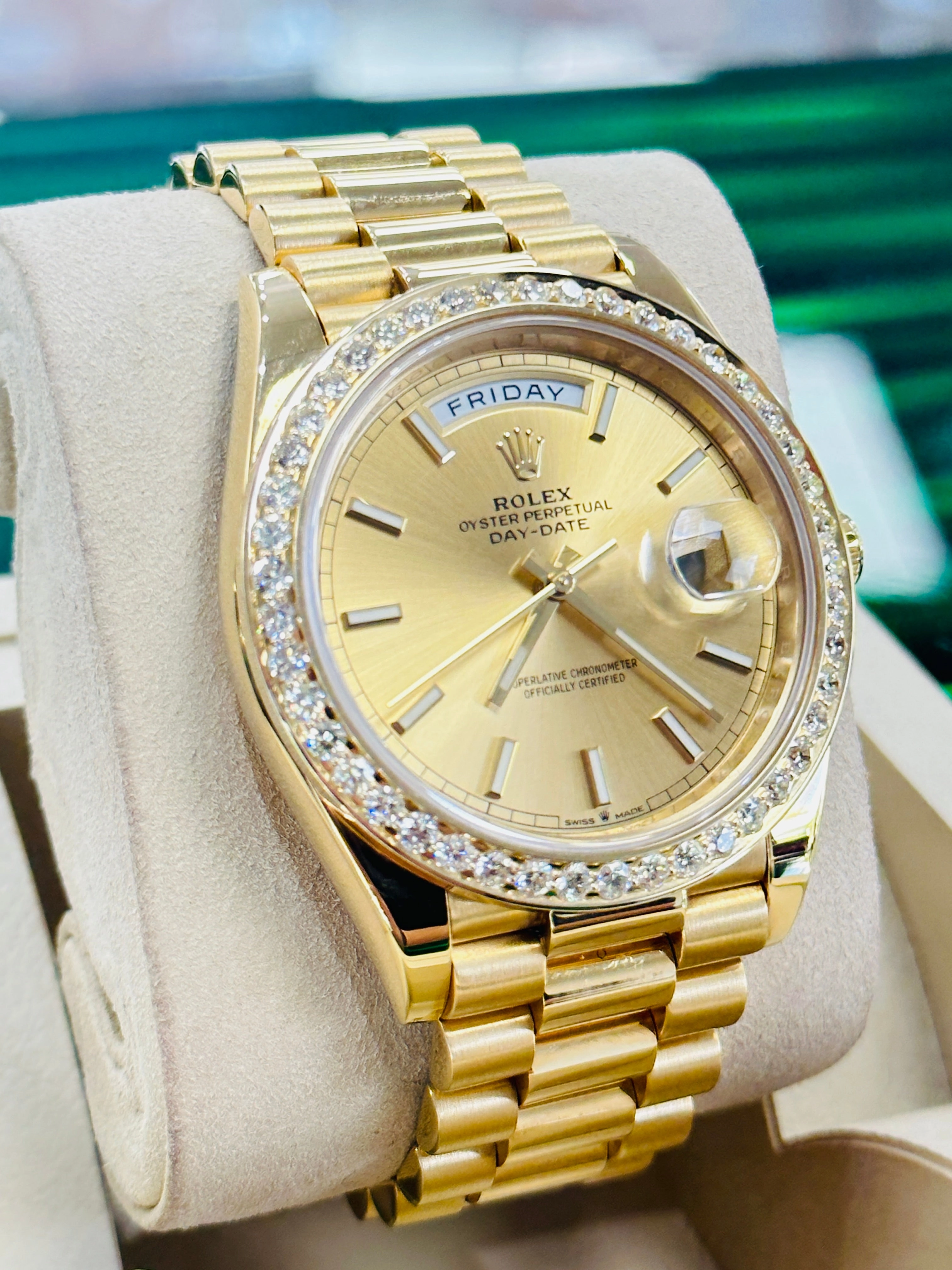 Have one to sell? Sell now Rolex Day-Date President 18k Yellow Gold 228238 Custom 3.50ct Diamond Bezel BOX/PAPERS MINT