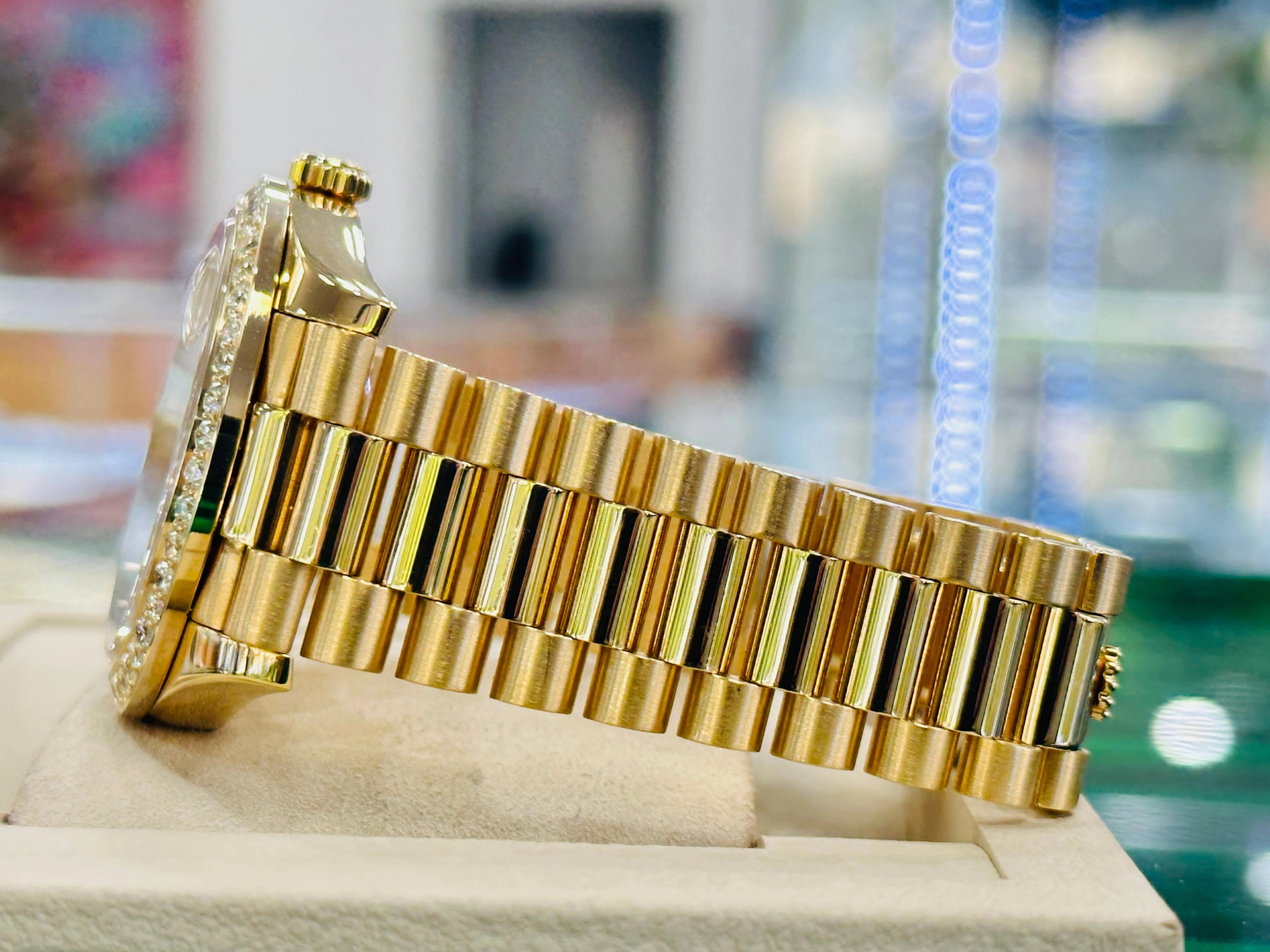 Have one to sell? Sell now Rolex Day-Date President 18k Yellow Gold 228238 Custom 3.50ct Diamond Bezel BOX/PAPERS MINT
