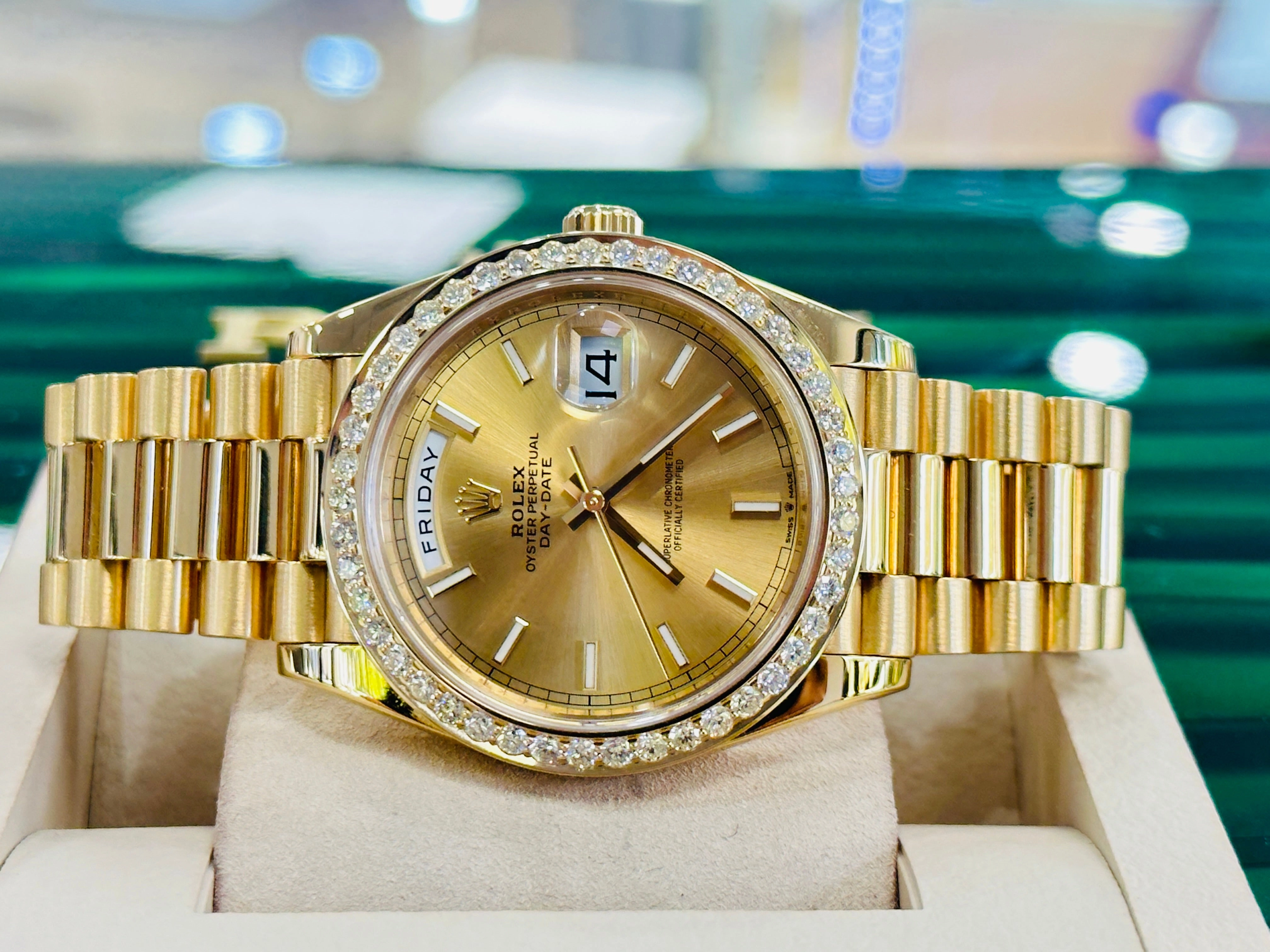 Have one to sell? Sell now Rolex Day-Date President 18k Yellow Gold 228238 Custom 3.50ct Diamond Bezel BOX/PAPERS MINT