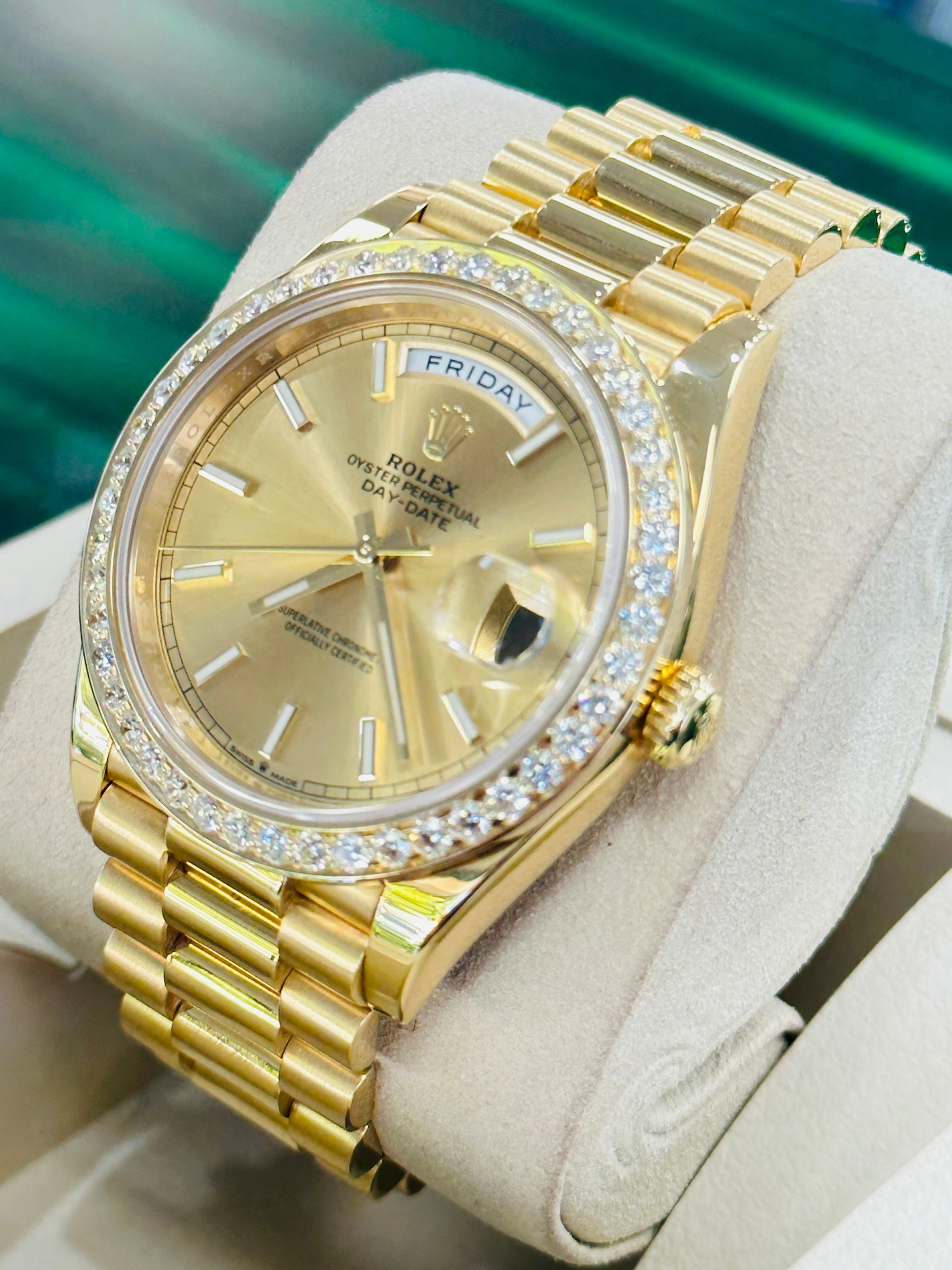 Have one to sell? Sell now Rolex Day-Date President 18k Yellow Gold 228238 Custom 3.50ct Diamond Bezel BOX/PAPERS MINT