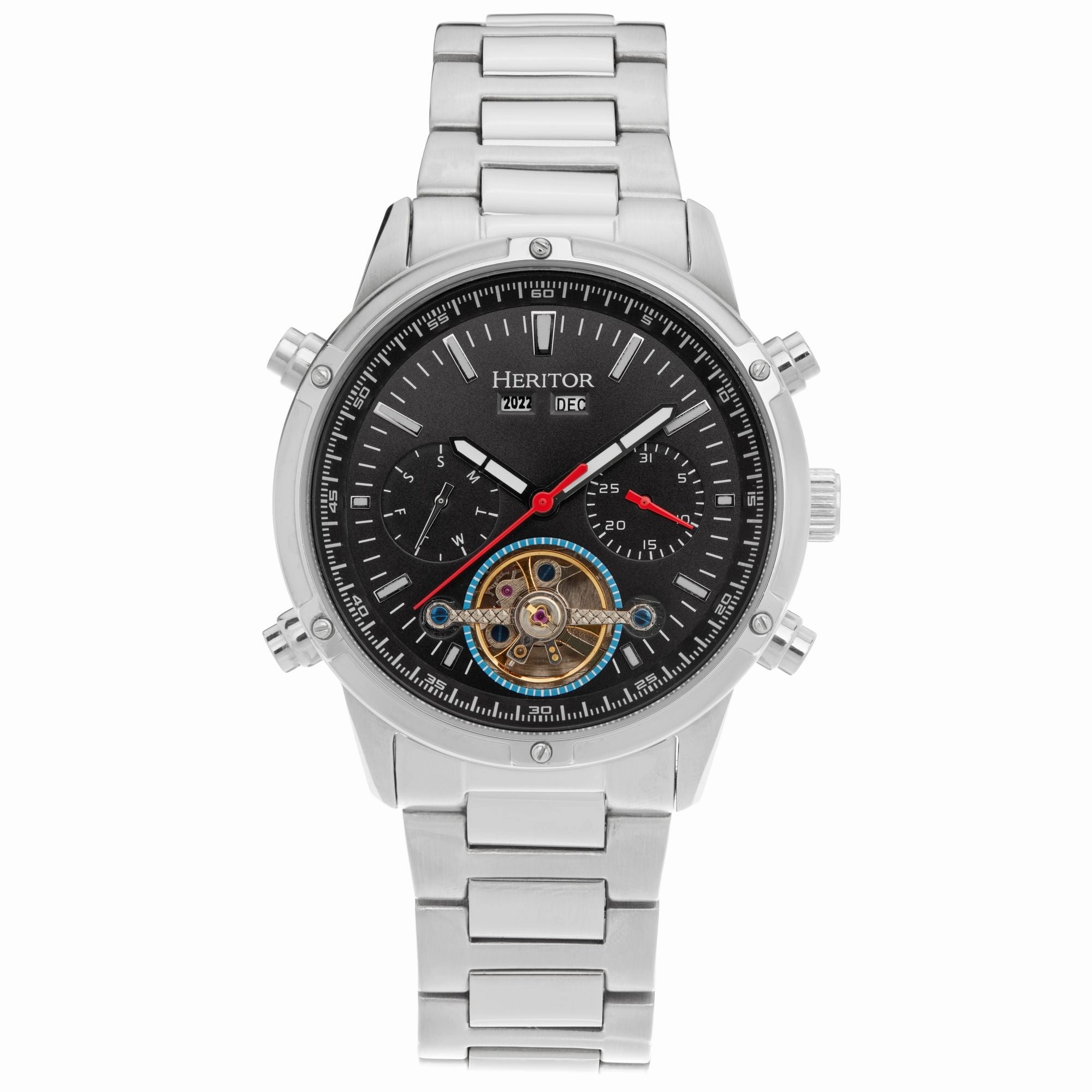 Heritor Automatic Wilhelm Semi-Skeleton Bracelet Watch w/Day/Date - Silver/Black
