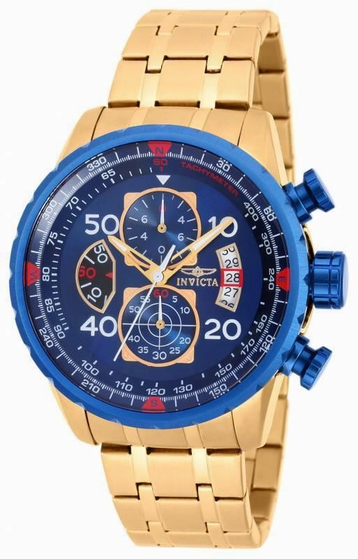 Invicta 19173 Men's Yellow Steel Bracelet Quartz Aviator Chrono Blue Dial Compass Watch