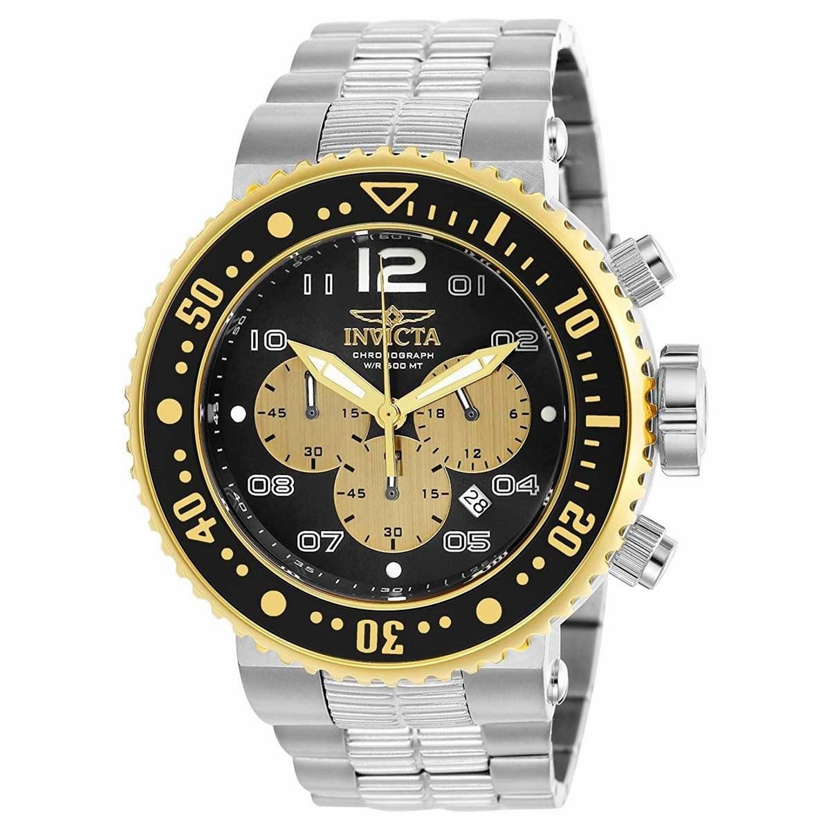 Invicta 25075 Men's Pro Diver Black & Gold Dial Chronograph Steel Bracelet Dive Watch