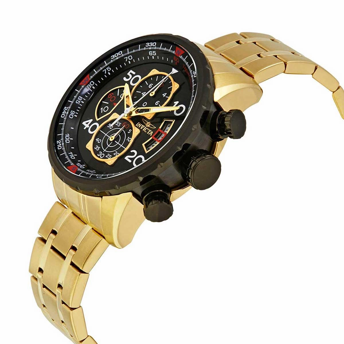 Invicta Men's Chronograph Watch - Aviator Black Dial Yellow Steel Bracelet | 17206