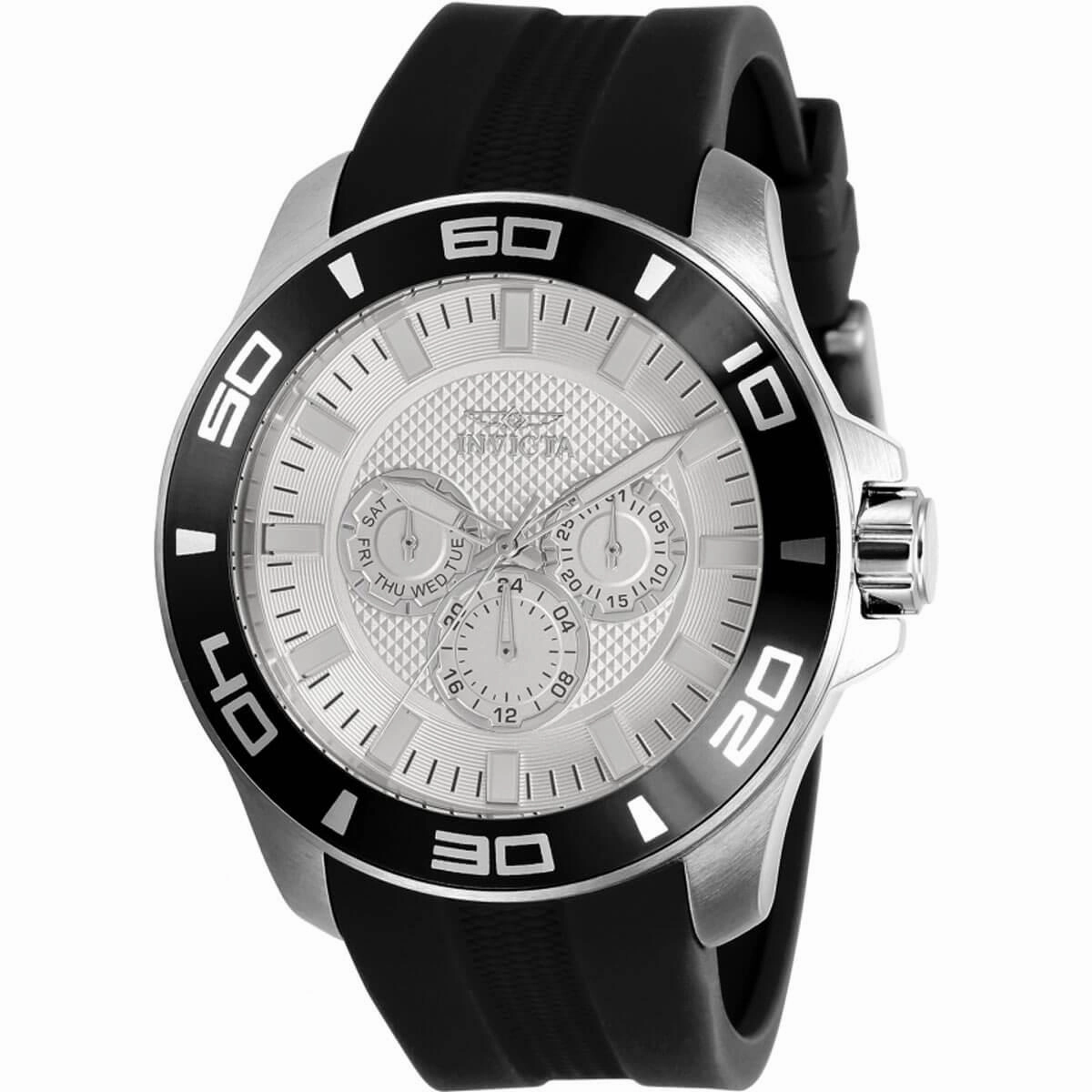 Invicta Men's Quartz Watch - Pro Diver Day-Date Silver Tone Dial Black Strap | 30950
