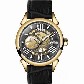 Invicta Men's Watch - Vintage Black and Gold Tone Semi Skeleton Dial Strap | 38163