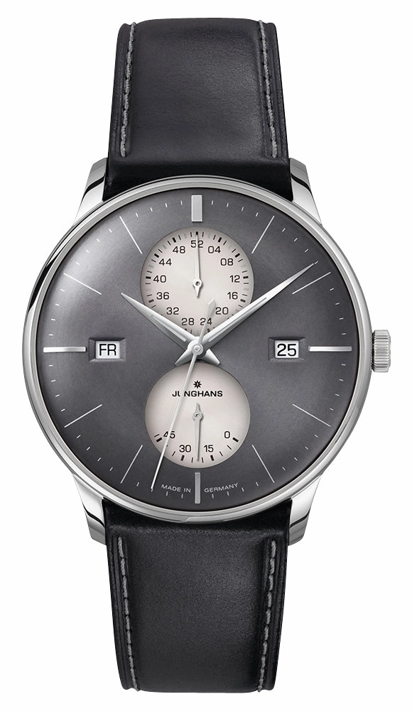 Junghans Meister Agenda Automatic Stainless Steel Gray Dial Black Leather Strap Day/Date/Week Power Reserve Mens Watch 27/4567.01