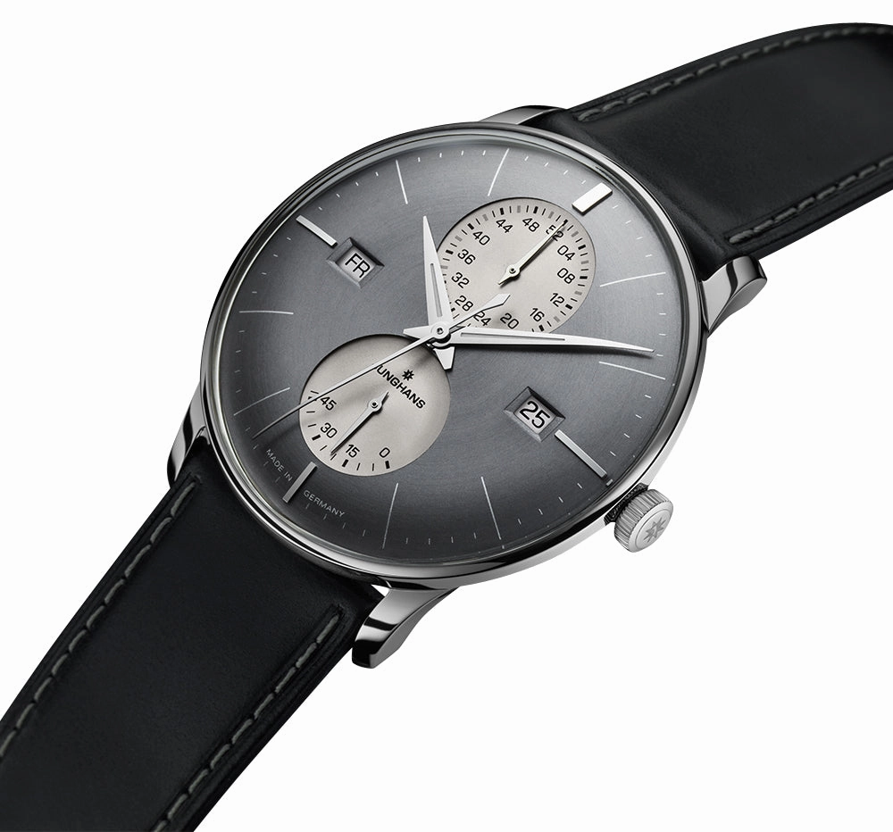 Junghans Meister Agenda Automatic Stainless Steel Gray Dial Black Leather Strap Day/Date/Week Power Reserve Mens Watch 27/4567.01