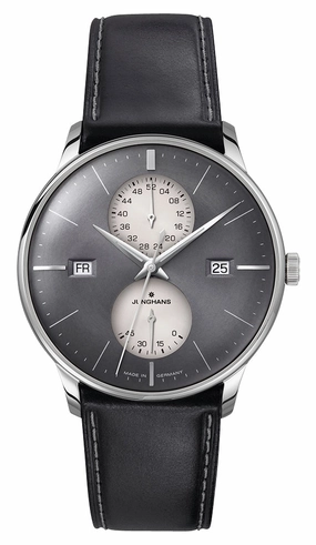 Junghans Meister Agenda Automatic Stainless Steel Gray Dial Black Leather Strap Day/Date/Week Power Reserve Mens Watch 27/4567.01