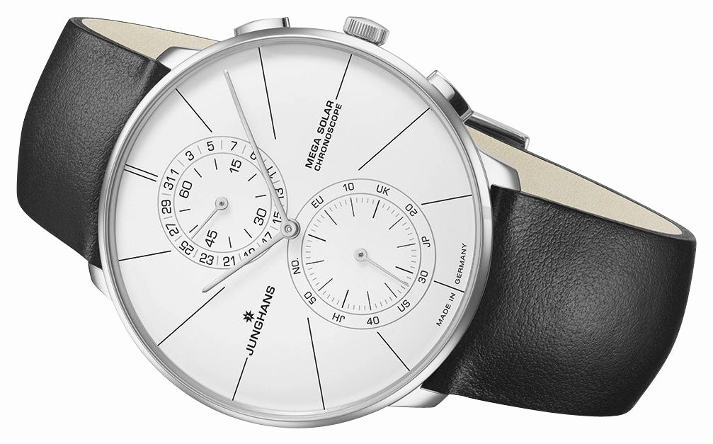Junghans Meister fein Chronoscope MEGA Solar Chronograph Stainless Steel White Dial Black Leather Strap Date Mens Watch 59/4200.00
